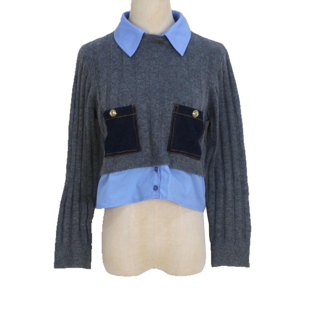 French Niche 2025 Spring-Autumn Color Block Knit Pullover Sweater with Shirt Collar