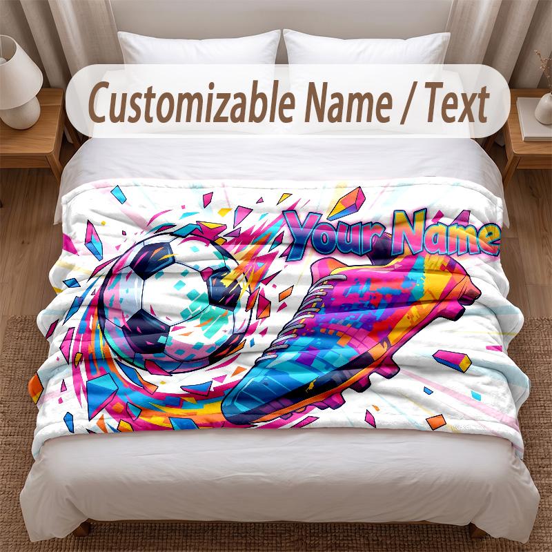 Soccer Theme Soft Blanket Personalized Custom Name Text Print Warm Blanket Home Sofa Bedroom Decor