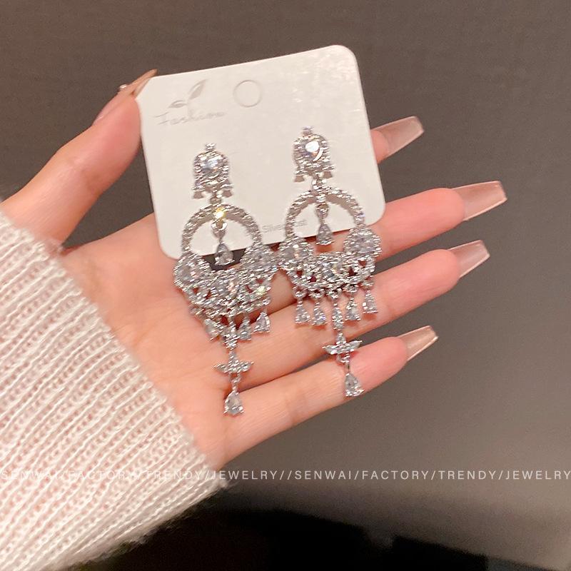 Court style zircon long fringed earrings women s niche elegant temperament ear jewelry