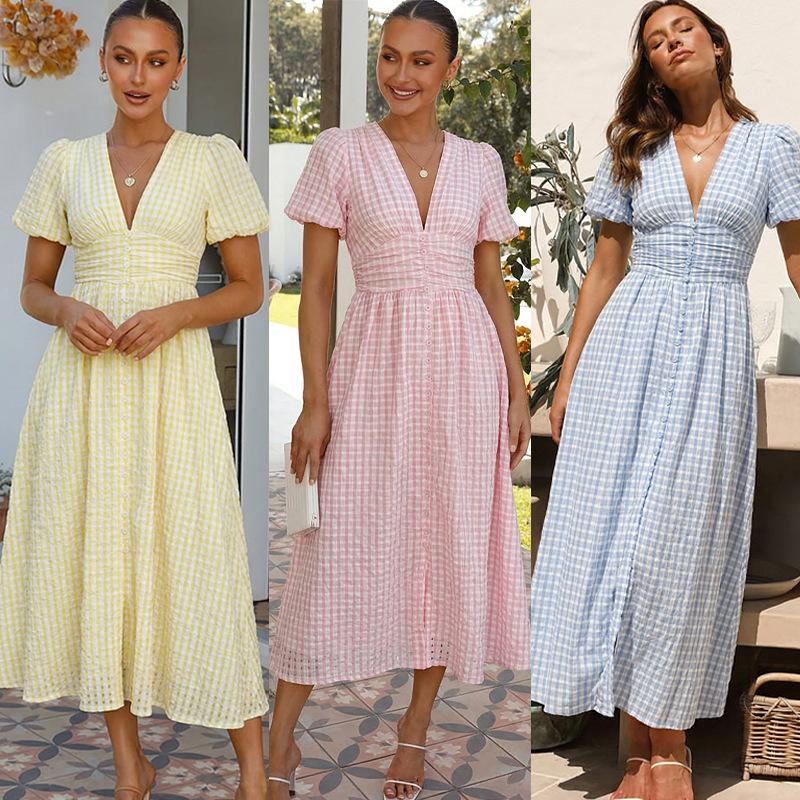 Women Gingham V Neck Puff Sleeve Midi Dress Multi Color Casual Summer Dress