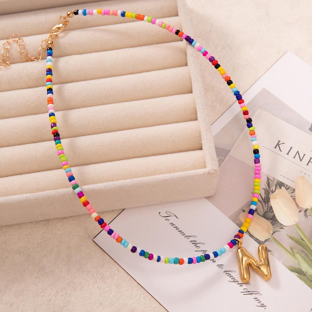 Bubble Alphabet Colored Rice Beads Handmade Beaded Delicate Beach Bohemian Necklace Collarbone Chain