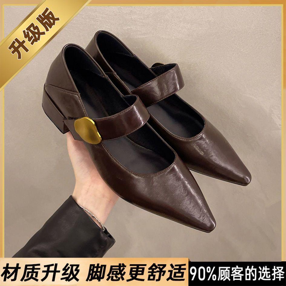 Retro French pointed brown small leather shoes women's 2025 new shoes autumn soft-soled single shoes Mary Jane loafers