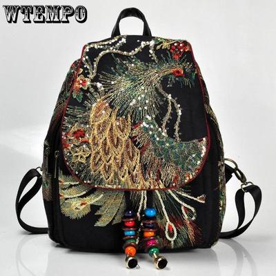 Women's Large-capacity Ethnic Style Embroidered Peacock Embroidered Bag Canvas Women's Backpack
