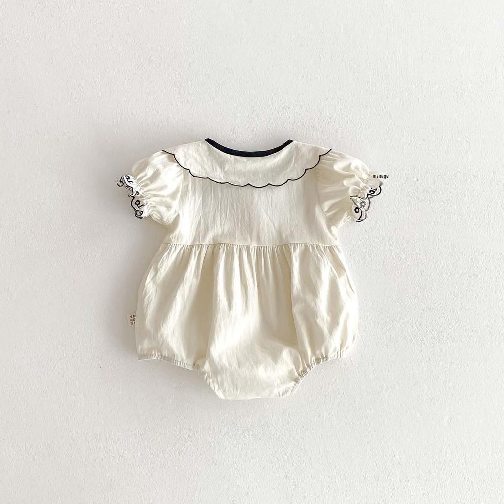 Embroidered Summer Romper with Turn-Down Collar and Bow for Newborn Girls