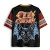 V Neck Mesh Football Jersey Vintage Horror Bat Distressed Rock Letter Print Burgundy Gold Multi Striped Sleeve Loose Sport Tee