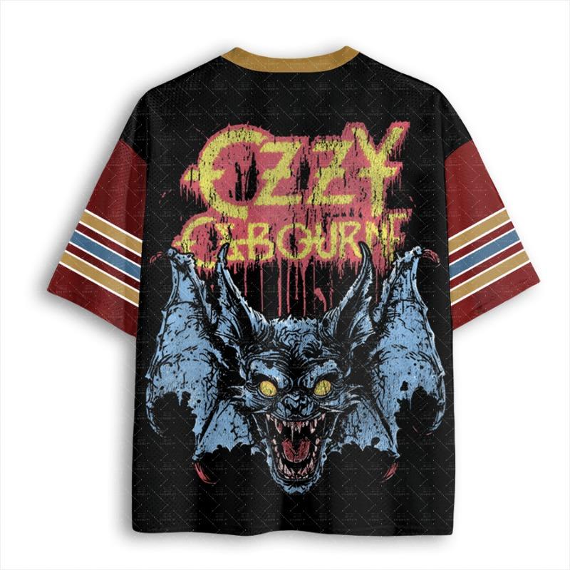 V Neck Mesh Football Jersey Vintage Horror Bat Distressed Rock Letter Print Burgundy Gold Multi Striped Sleeve Loose Sport Tee