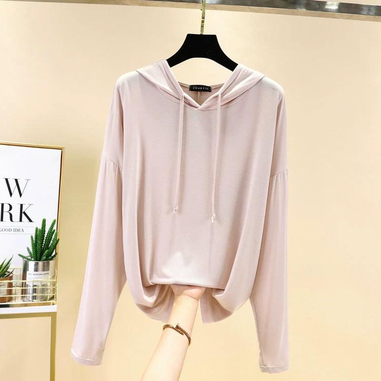Women Modal Hoodies Solid Basic T-shirt Bottoming Sweatshirts Spring Autum Summer Casual Street Sun Protection Wear