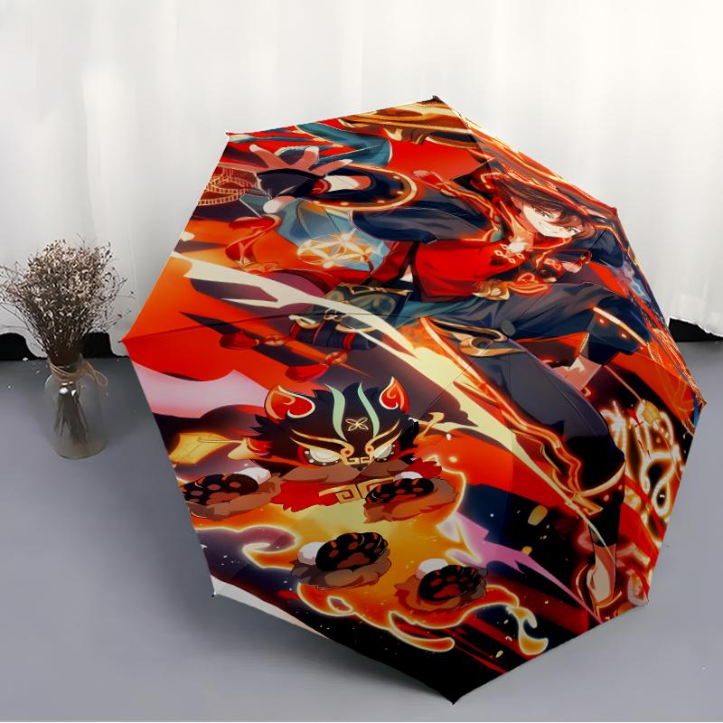 Genshin Impact characters2 Print Automatic Umbrella, 8 Rib Iron Frame, Plastic Handle, Suitable for Outdoor Travel &Daily , Ideal Gift