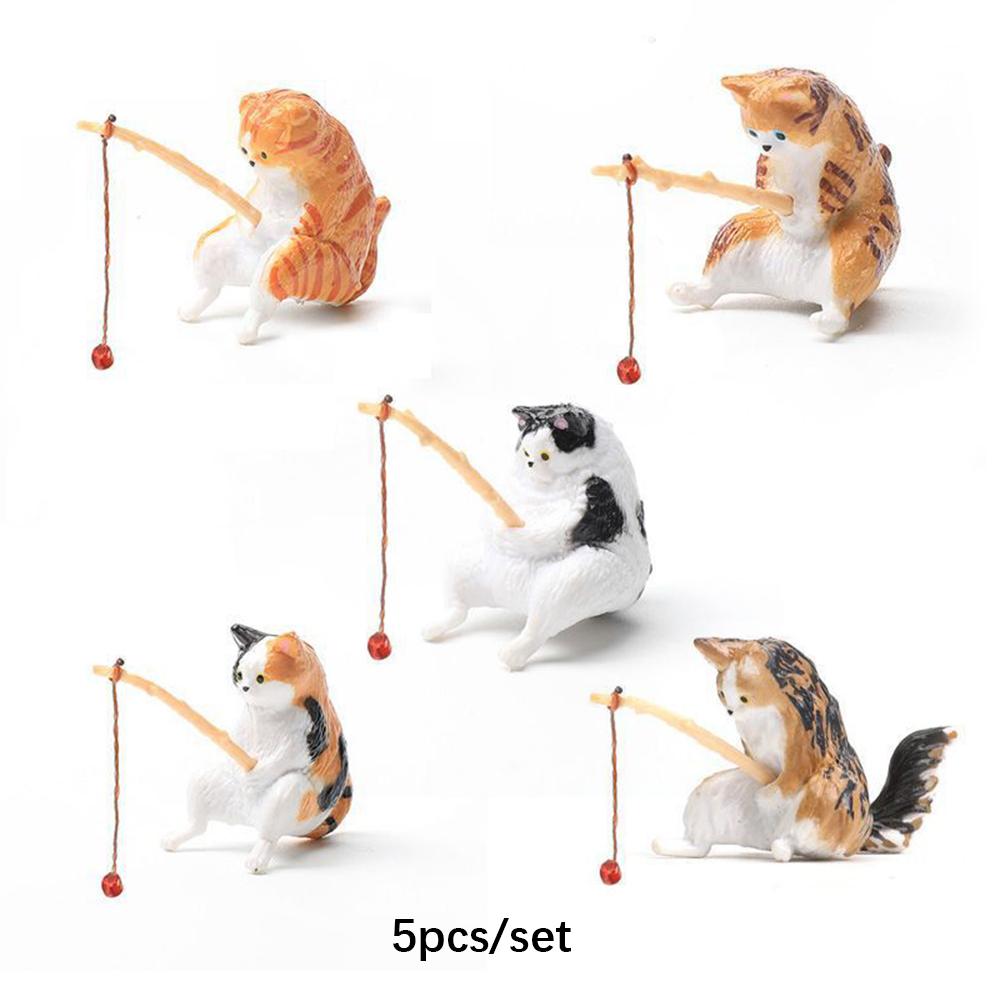 1/5pcs Cute Fishing Cat Ornaments Resin Fish Landscaping Mini Statue Cartoon Figurine Miniatures DIY Handcraft Home Decorations