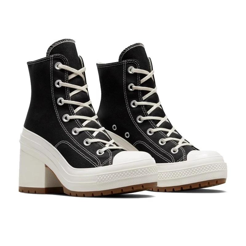 Scarpe Alte Piattaforma in Tela Retro Nuove Donna Tacco Spesso High Top Punta Tonda Impermeabili Sneakers Casual con Cinturino Sottile a Fibbia