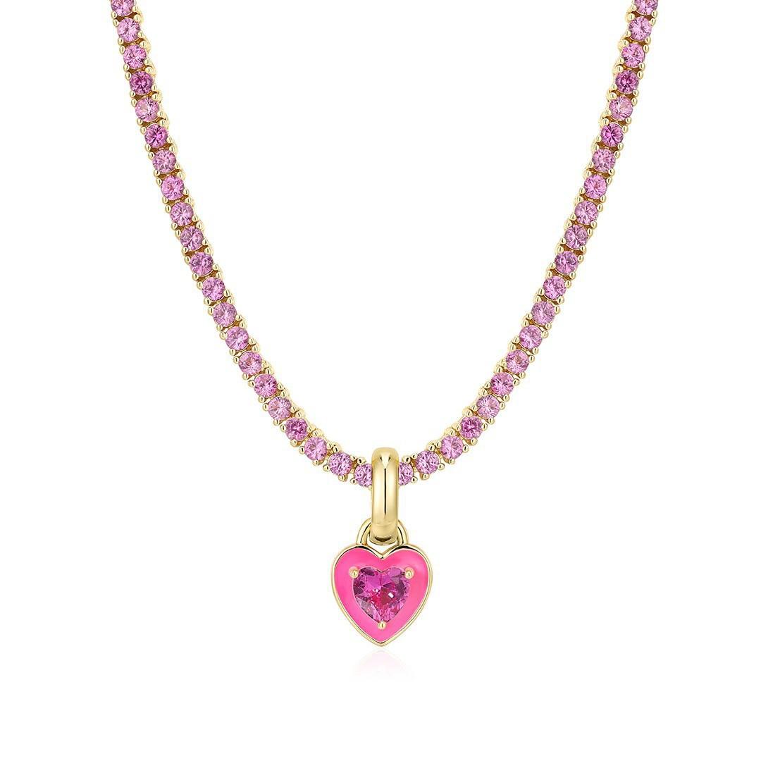 

Y2K Sweet Enamel Heart Pendant Necklace for Women Luxury Stainless Steel Colorful Rhinestone Chain Choker Summer Zircon Gift Яскраво-рожевий