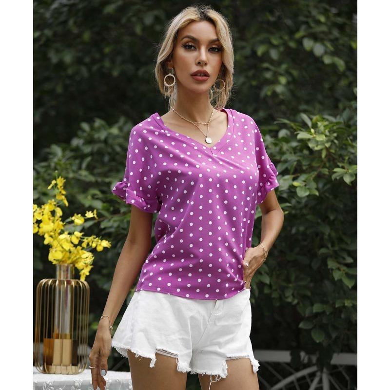 Women's Summer Polka Dot V-Neck Short Sleeve T-Shirt Top