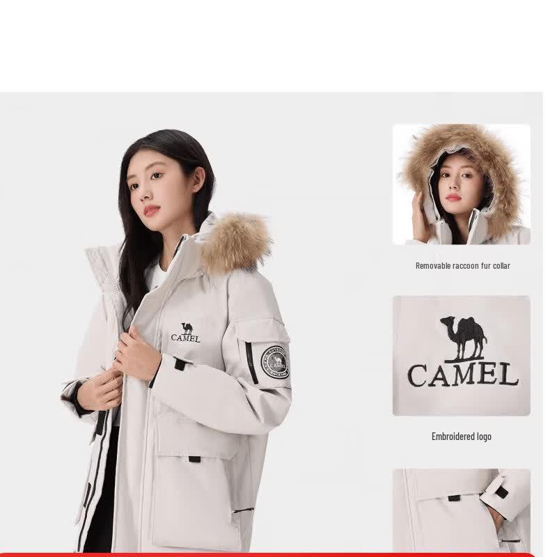 Camel Unisex Outdoor Hooded Mid-Length Down Jacket