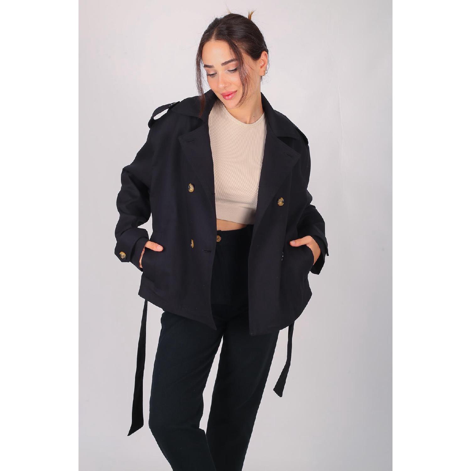 

Женский черный короткий тренч с поясом S/M