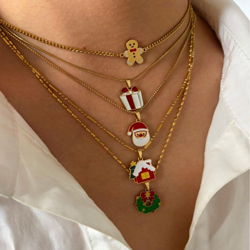 Lovely Cartoon Christmas Necklace Themed Pendant Collarbone Chain Neck Jewelry Gift For Women Holiday Party