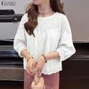 ZANZEA Women Crochet Patchwork Casual Round Neck Loose Long Sleeve Blouse