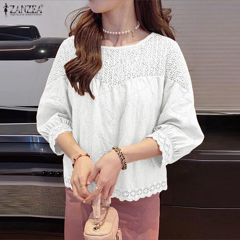 ZANZEA Women Crochet Patchwork Casual Round Neck Loose Long Sleeve Blouse