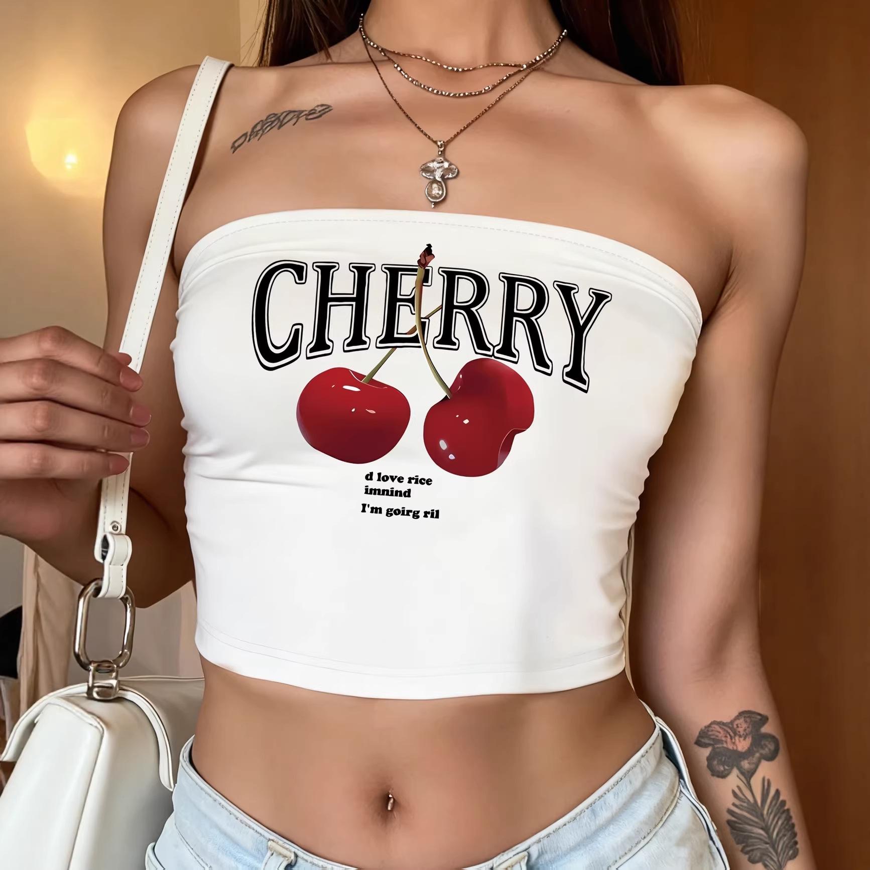 

European & American Style Cherry Print Strapless Bandeau Top - Summer 2026 Collection Small белый