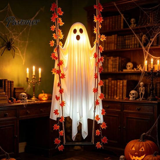 Autumn Garden Landscaping Props Halloween Hanging Swing Ghost Decoration with Maple Leaf, LED Lighted Large Spooky Funny White Ornament Swinging