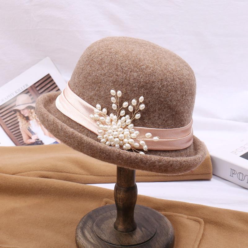 Autumn and winter fashionable and elegant all-match woolen basin hat, crimped dome top hat, women's new French retro wool top hat