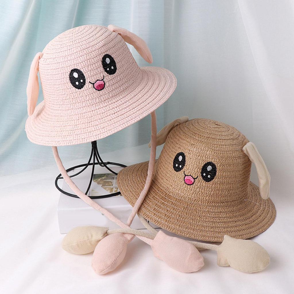 Bunny Straw Hat Caps, Sun Hat, Foldable, with Movable Ears, Beach Hats, Fishing Hats