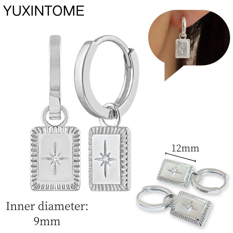 925 Sterling Silver Needle Vintage Square Round Pendant Earrings For Women Crystal Shell Geometric Earrings Fashion Jewelry