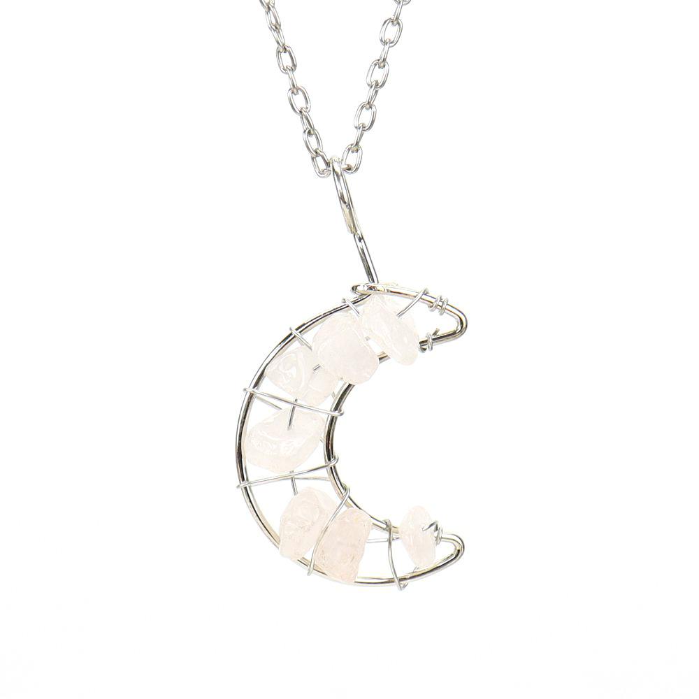 Silver Hand-Wound Colorful Gravel Bead Crystal Amethyst Moon Pendant Necklace N130