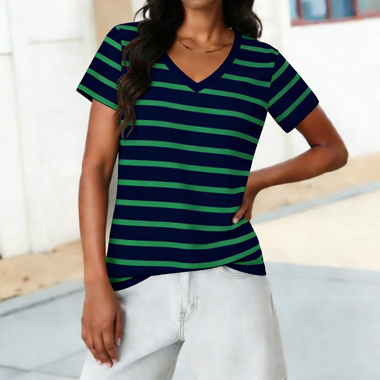 Ladies  Casual Fashion Striped Printed Short Sleeved Shirt L