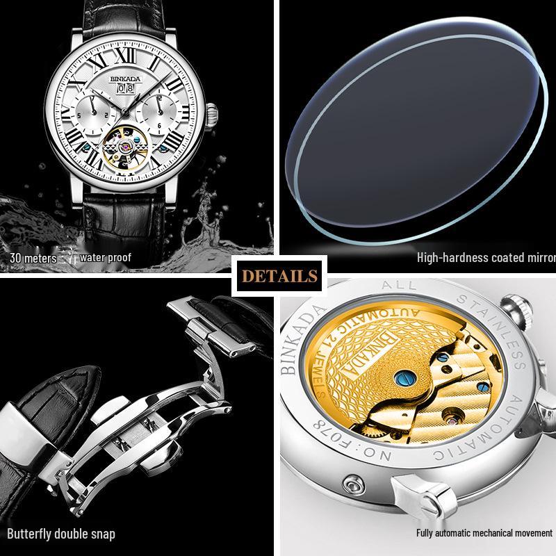 BINKADA Herrenmode Skelett Mechanisch Leuchtend Wasserdicht Uhr