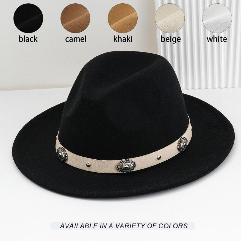 Unisex Felt Denim Wide Brim Hat With Leather Flower Print Belt Festive Occasions