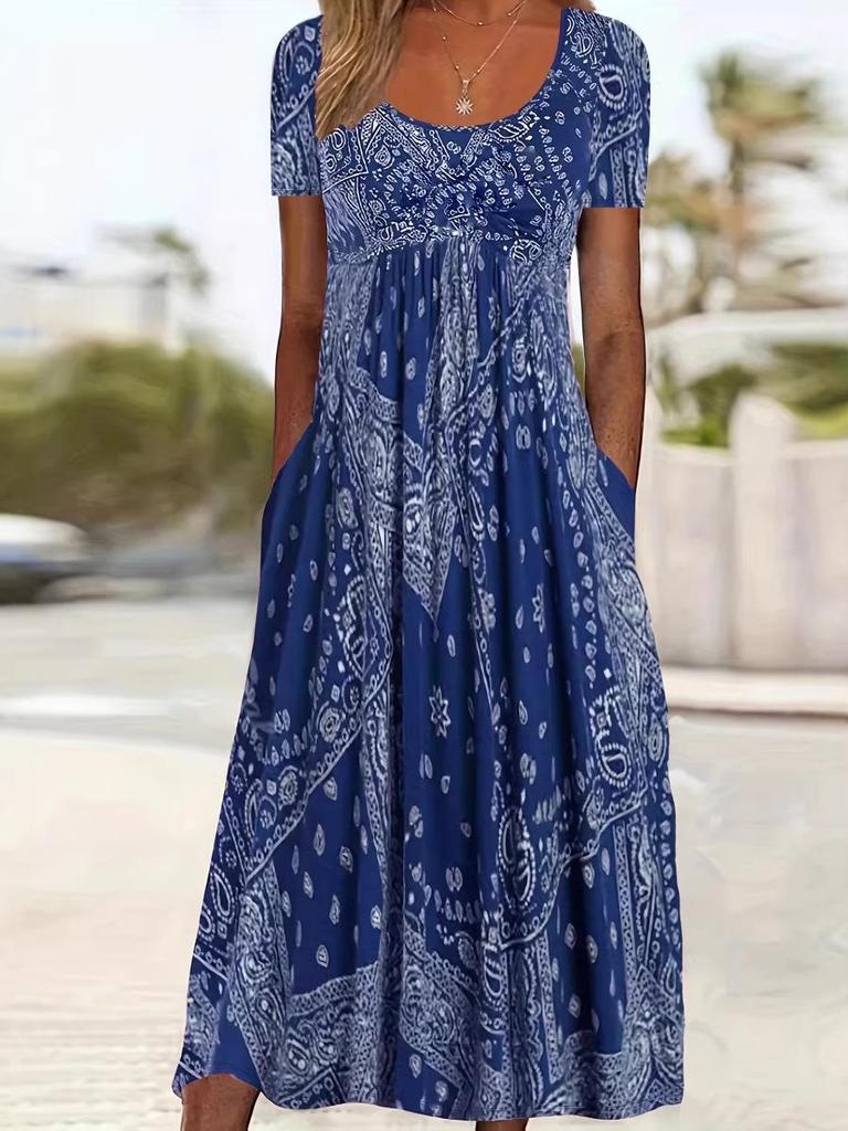 Sommer 2026 Boho-Stil Übergröße Bedrucktes Kleid mit Taschen für Damen