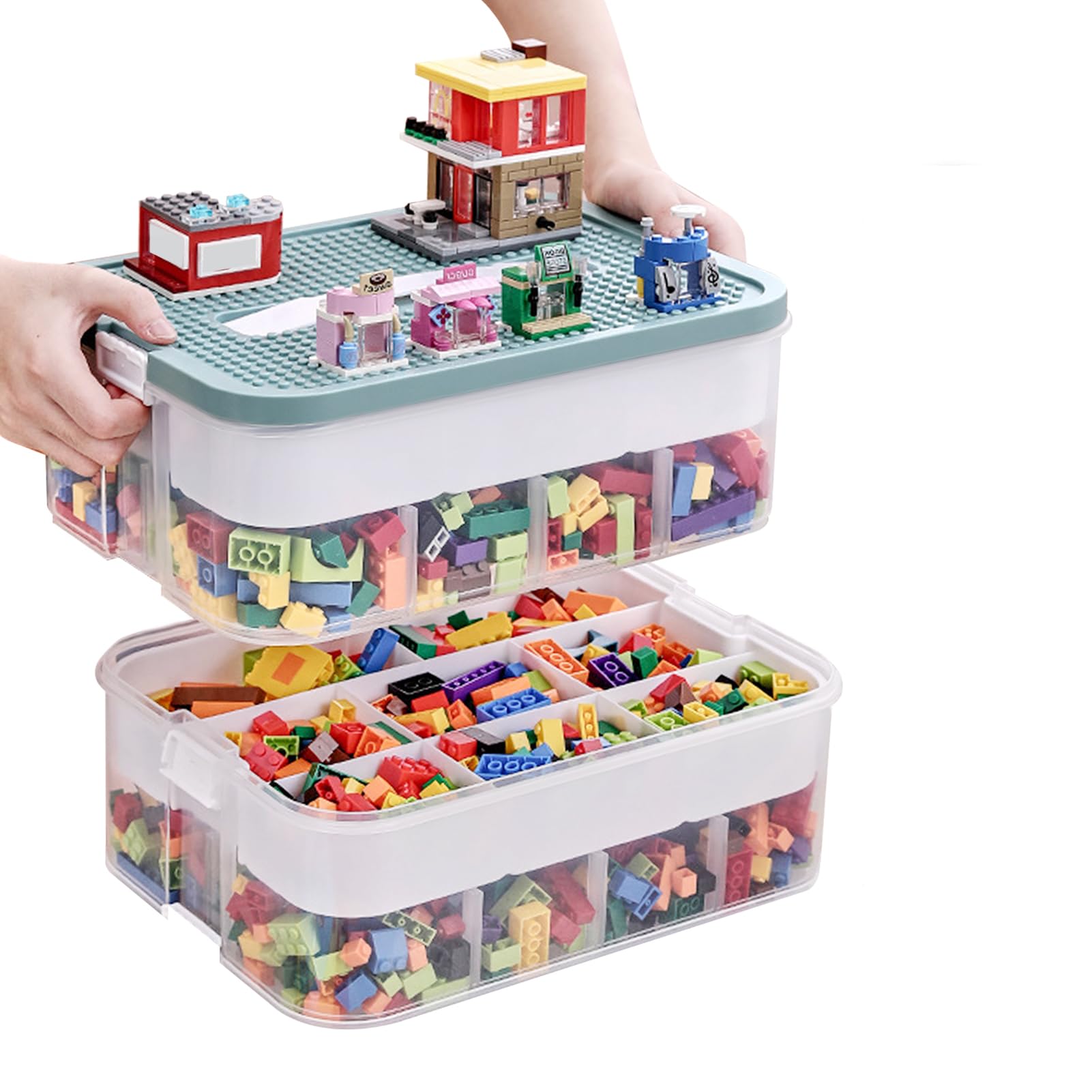 

LAMPTOP Toy Storage Box with Lid for Lego, Tomica, and Other Toys, Plastic, 2-Tier, Stackable, Transparent, for Kids, Keeps Toys Organized (Green)