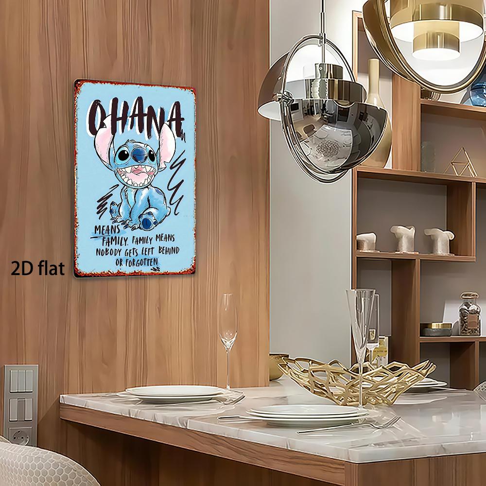 1pc Disney Stitch Vintage Metal Wall Art Sign - 20.32x30.48 Cm Retro Cartoon Decor with "Ohana Means Family" Quote, Durable Indo