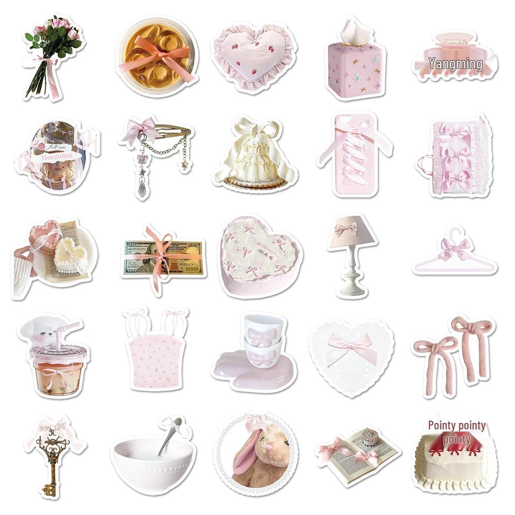 50 Sheets Bow INS Style Stickers: Fresh Pink Girly Journal, Guka Helmet, Water Bottle Stickers for DIY.