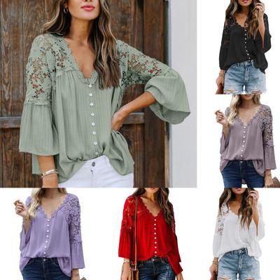 Damen Bluse, einfarbig, Spitzenpullover, ausgestellte Ärmel, V-Ausschnitt