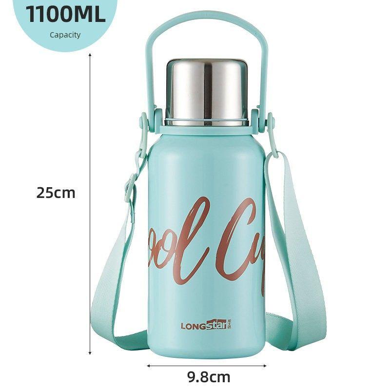 Large-Capacity Thermos Cup for Boys, Stainless Steel Tea Cup for Girls and Children, Outdoor Student Sports Water Bottle with Strap