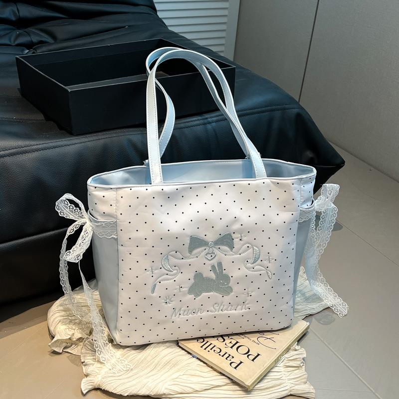 

Женская льняная сумка для ленивого отдыха, новая коллекция 2025 года, сумка из парусины с кружевом в стиле феи, большая вместимость, универсальная сумка-тоут в горошек 30*11*27 синий
