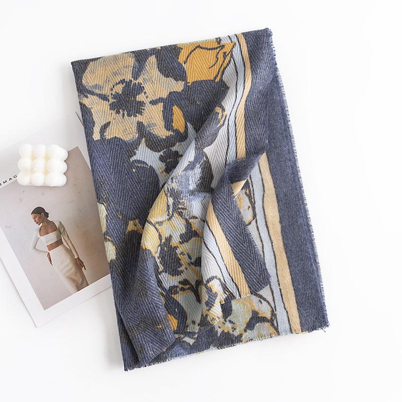 Ethnic Style Big Flower Fresh and Sweet Scarf Herringbone Pattern Thick Soft Feel Shawl Print Spring and Autumn Style Scarf