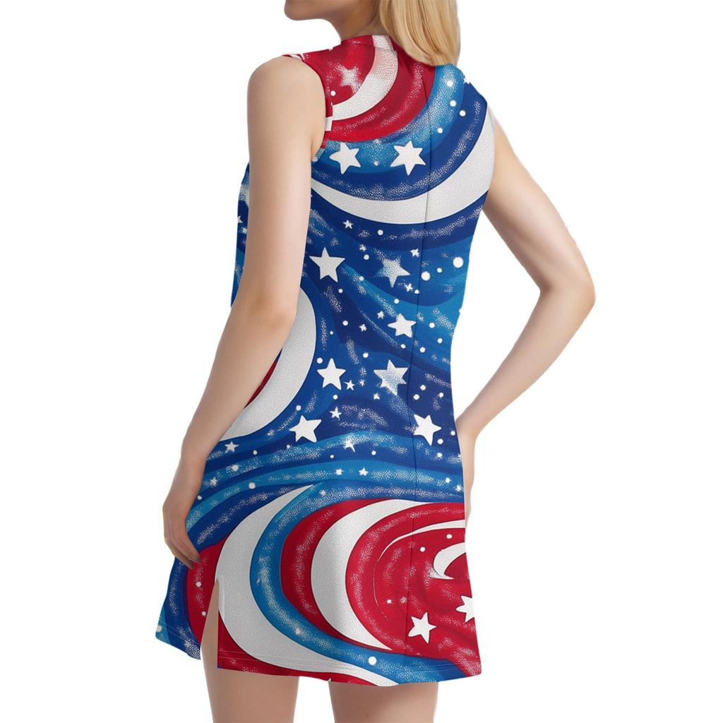 Rochie de vară casual de plajă cu gât în V pentru femei, fără mâneci, cu imprimeu de Ziua Independenței