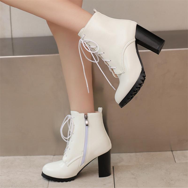 ANNYMOLI Women Ankle Boots Pointed Toe Block High Heels Lace-up Zipper Short Boots Ladies Fashion Shoes Autumn Winter 46
