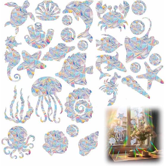 21pcs Star Moon Cat Sun Catcher Window Clings for Glass Windows, Anti-Collision Stickers Decals Prevent Bird Strikes,Rainbow Prismatic Window Clings Ocean