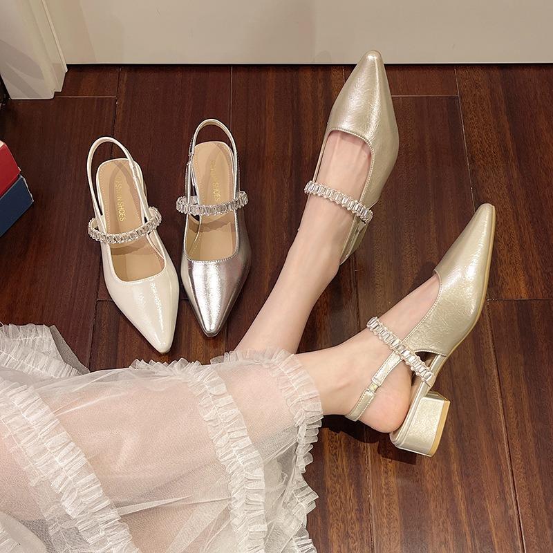 Baotou Rhinestone Word with Sandals Women's Thick Low Heel New Pointed Empty Single Shoes Mary Jane Sandals