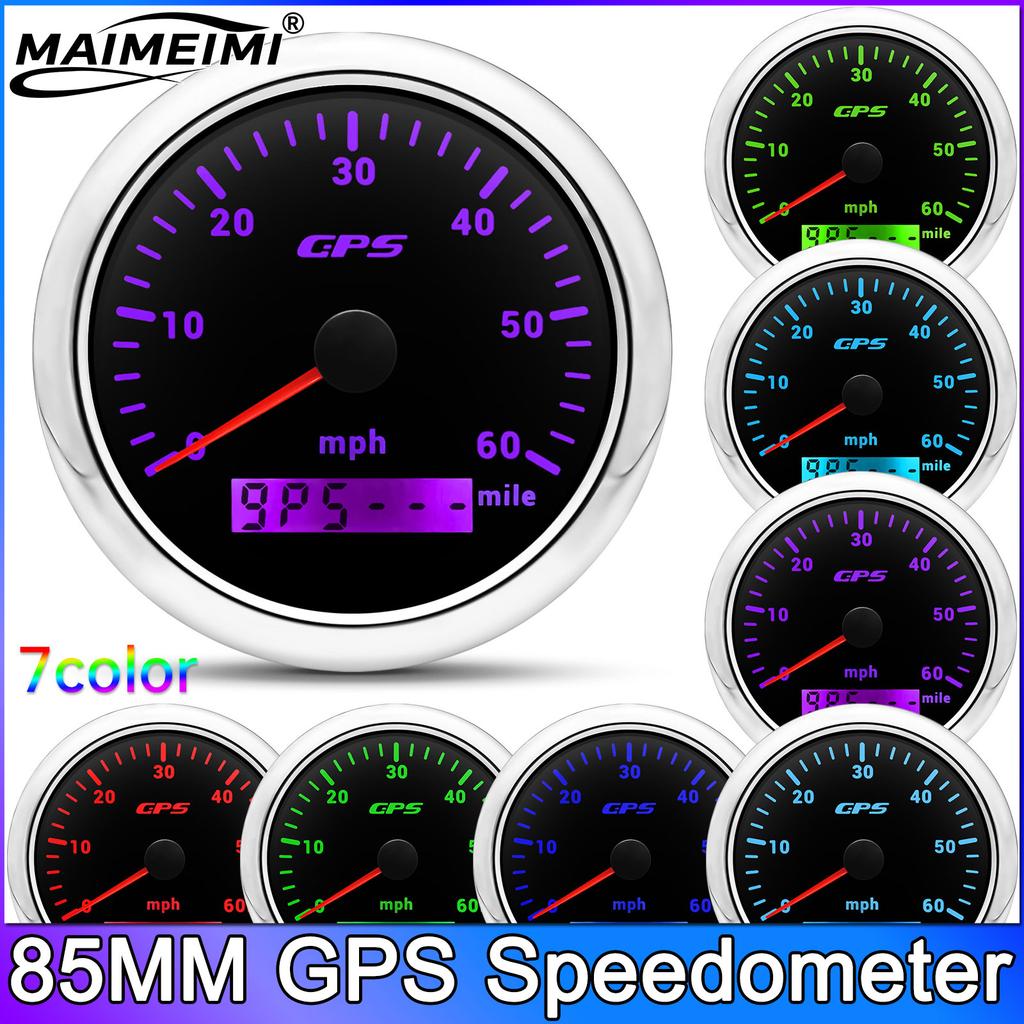 85MM GPS Speedometer With GPS Antenna 0-60 MPH For Motorcycle Marine Boat Car Truck Speed Gauge Meter 7 Color Backlight