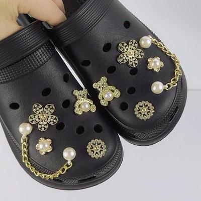 10PCS Luxury Shoe Charms Set Accessories Hole Shoe Buckle Golden Pearl Bear Diamond Flower Chain DIY Shoes Decorations Girl Gift