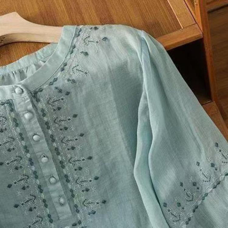 Embroidery Flower Pattern Women Shirt Retro Style Round Neck Pullover Tops 3 4 Sleeve Summer Casual Blouse