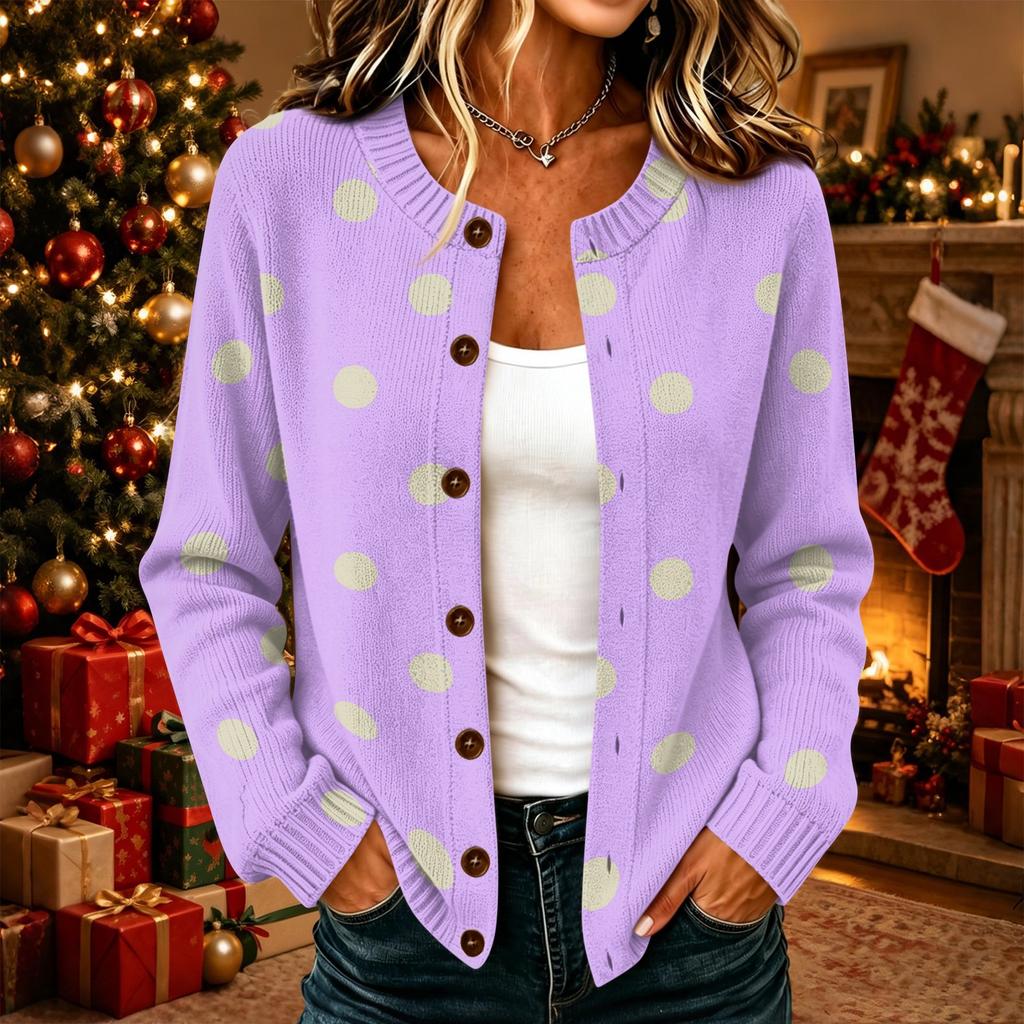 Women's Casual Polka Dot Print Long Sleeve Knit Cardigan Button Front Sweater Coat for Fall