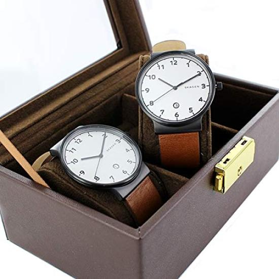 SKAGEN Pair Watches Anchor Simple Slim White Dial Brown Leather Retro SKW6297 with Pair Storage [Skagen] (Comes Box!)