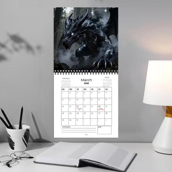 2026 Drachen-Fantasy-Wandkalender Monatsplaner mit 12 detaillierten Drachenillustrationen Spiralbindung Aufhängeloch Heim-Büro-Dekor Geschenk