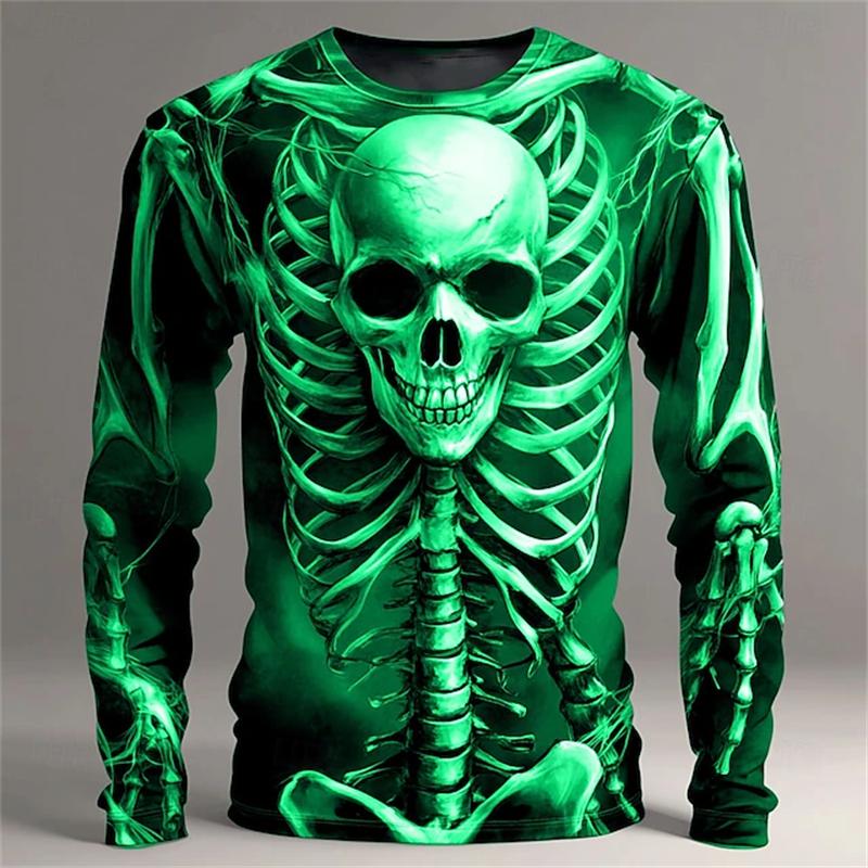 New Halloween Skeleton Prints Long Sleeve T-Shirt For Men Gothic Trendy Streetwear Casual Tops Halloween Party Tees Fall Winter