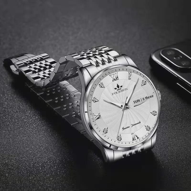 Men's Diamond Quartz Watch with Luminous Double Calendar